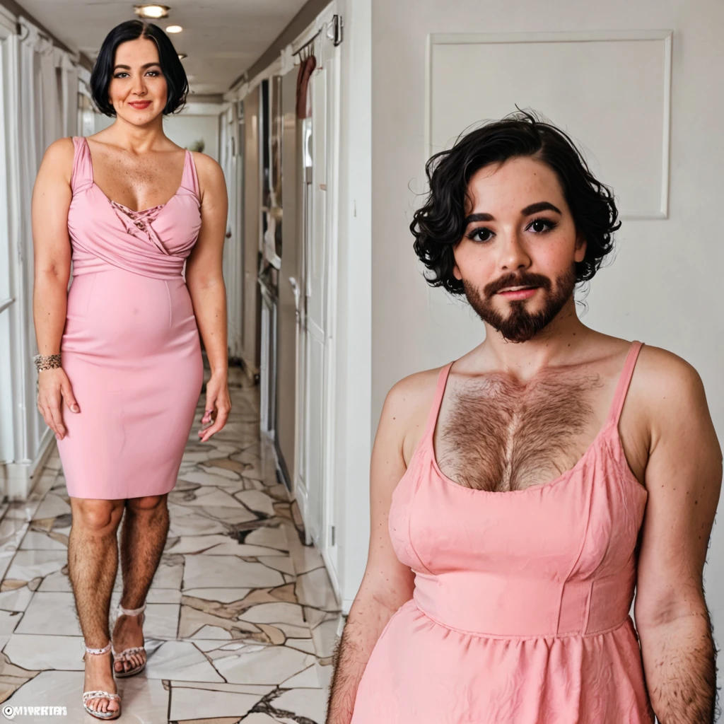 Jewish woman, black hair, black eyes, shaggy bearded torso, hairy chest, hairy legs, wears a pink low-cut dress