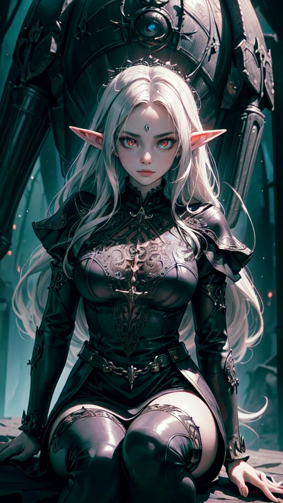 high details, best quality, 16k, [ultra detailed], masterpiece, best quality, (extremely detailed), dynamic angle, ultra wide shot, photorealistic, fantasy art, dnd art, dark fantasy art, realistic art, gothic art, GlowingRunes_red, NeroV2, an ultra wide, full body (intense details, Masterpiece, best quality: 1.5), picture of a female human (1.5 intricate details, Masterpiece, best quality) priestess of death ((pale white magical aura)), controlling a swirling magic (intense details, Masterpiece, best quality: 1.5), manipulating magical sigils (intricate details, Masterpiece, best quality: 1.5), human female, black hair, pale skin, long black hair with pale white aura, black hair with pale touch, azure eyes, pale eyes, intense eyes, ((glowing eyes: 1.5)), black dress (intense details, Masterpiece, best quality: 1.5), red cloak (intense details, Masterpiece, best quality: 1.5), high heeled boots, (intense details, Masterpiece, best quality: 1.5), fantasy dark temple background, ((death worship atmosphere)), high details, depth of field (intense details, Masterpiece, best quality: 1.5),best quality, highres, ultra wide angle. detailed yes, detailed hands, detaild face, elf girl
