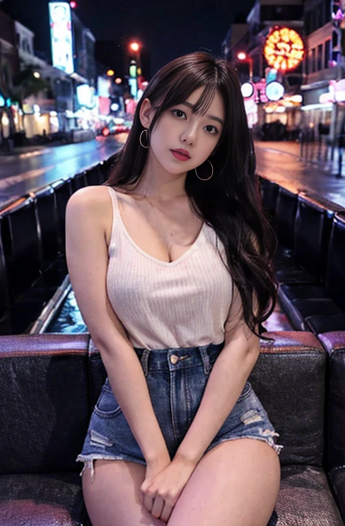 Lady, pose seductively to the viewer, alone:1, throw, Beautiful thick thighs,
Entertainment district background, Long Hair, 3/4 bodies, V-neck mini hot shorts