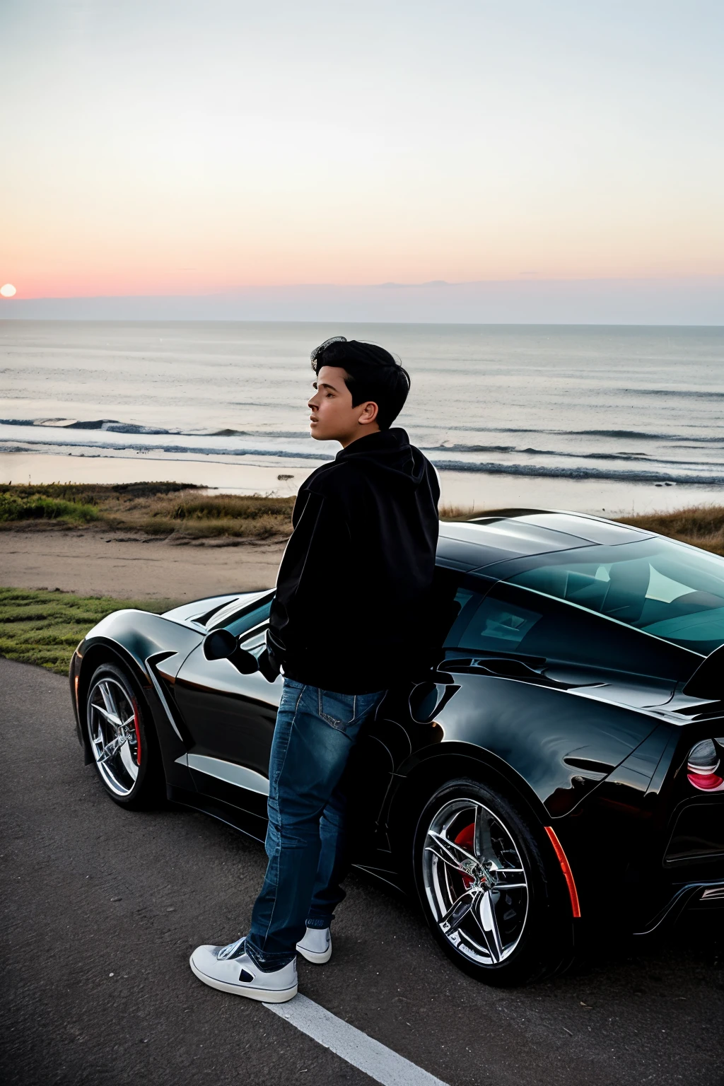 a casual black haired boy with his back turned watching the sunset towards the horizon, The boy is next to a blue Corvette car