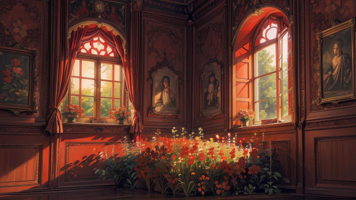 a cat sitting in a window surrounded by red flowers, red wallpaper background, red wallpaper design, photo of a beautiful window, red wall, black and red background, roses background, the window, deep red background, open window ib background, open window at night, in a red dream world, by Igor Zenin, window with flower box, cozy wallpaper,  4k hd,, beautiful art uhd 4 k, a beautiful artwork illustration, beautiful digital painting, highly detailed digital painting, beautiful digital artwork, detailed painting 4 k, very detailed digital painting, rich picturesque colors, gorgeous digital painting