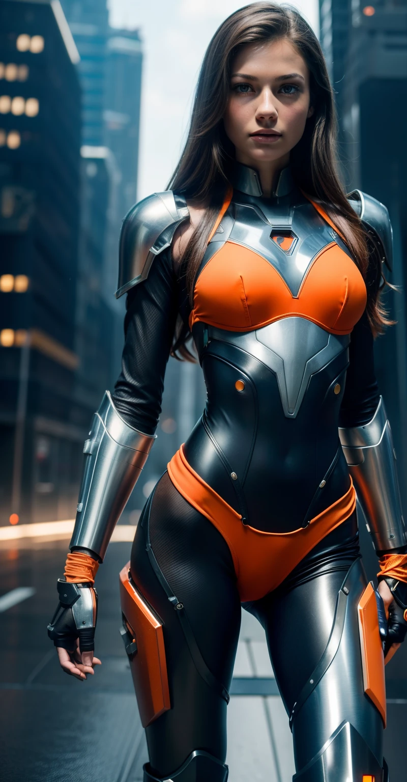 ((masterpiece, 8K, 3D, Realistic, Super Detail)), (1girl:1.3), slender 17 age, Ultra Micro photography, Super realistic, Perfect face, Beautiful features, ((Perfect female body)) Beautiful features, ( body), ((small hip)), Melissa Benoist as (((2 piece Bikini))), Sci-fi futuristic ((bionic orange chest metal armor suit)), Futuristic soldier, ((Exposed thigh)), Exposed Skin, Front Full body Shot, full body portrait, futuristic city background