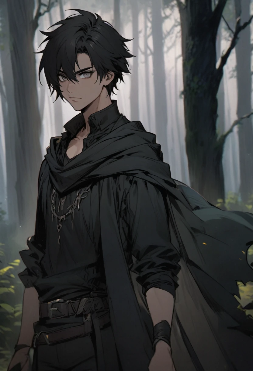 young man ,Male Dark, dark Woods,Red & Black colors, gray eye, rogue dnd, wear cape, hood