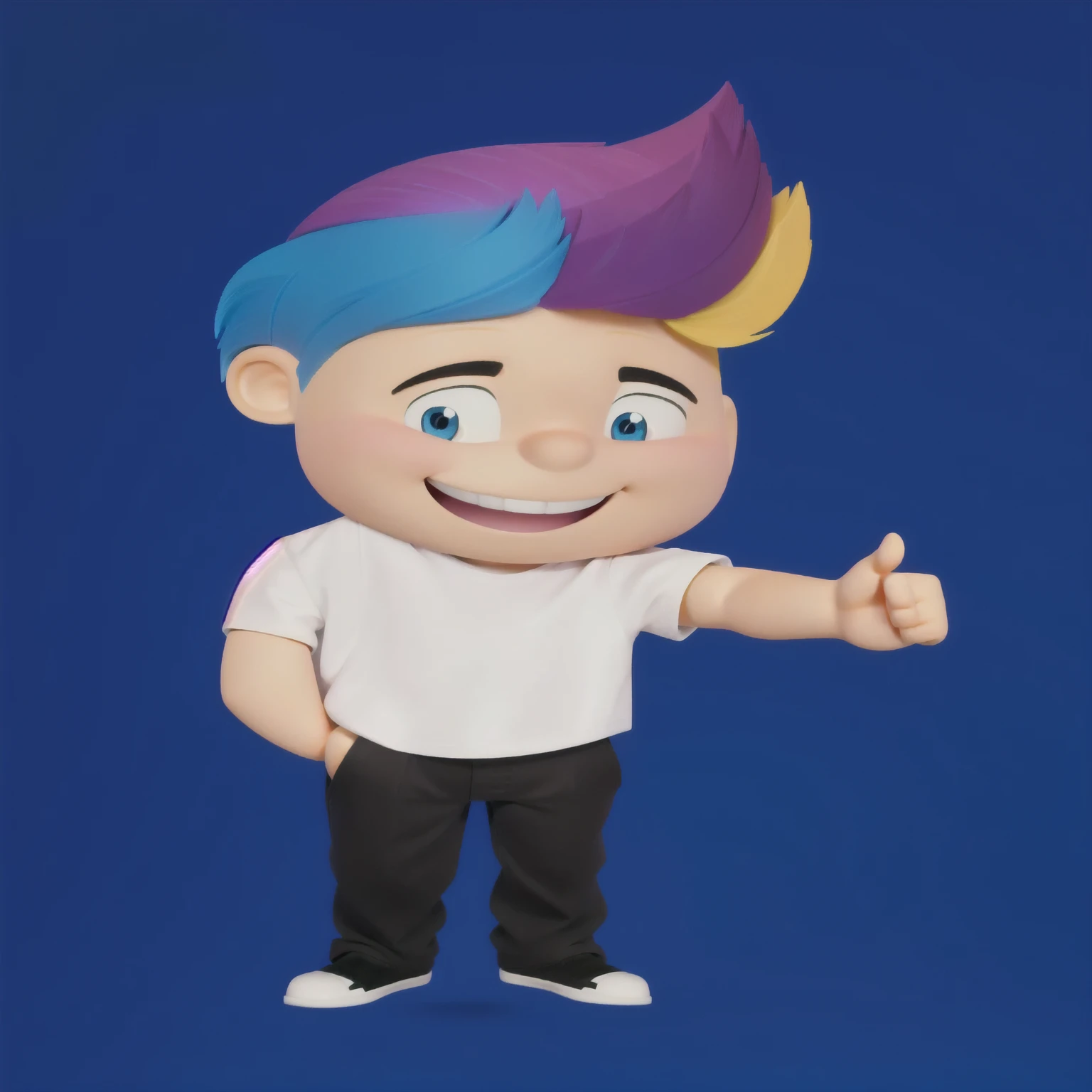 good-great,3d, high qualiy, 1,young man smiling, Big eyes, colored hair, 4 cores CMYK, hair blue, Pink, yellow and black, white shirt, fully body, positive sign, hand in pocket disney pixar style
