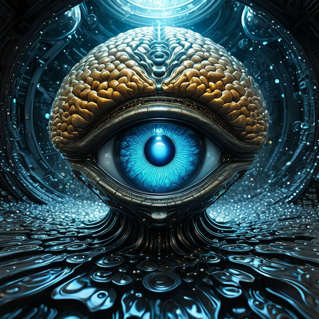 beautiful award-winning studio photograph of an eye opening with detailed alien brain inside surrounded by many glowing liquids, intricate, sci-fi, art by karol bak and stanley lau