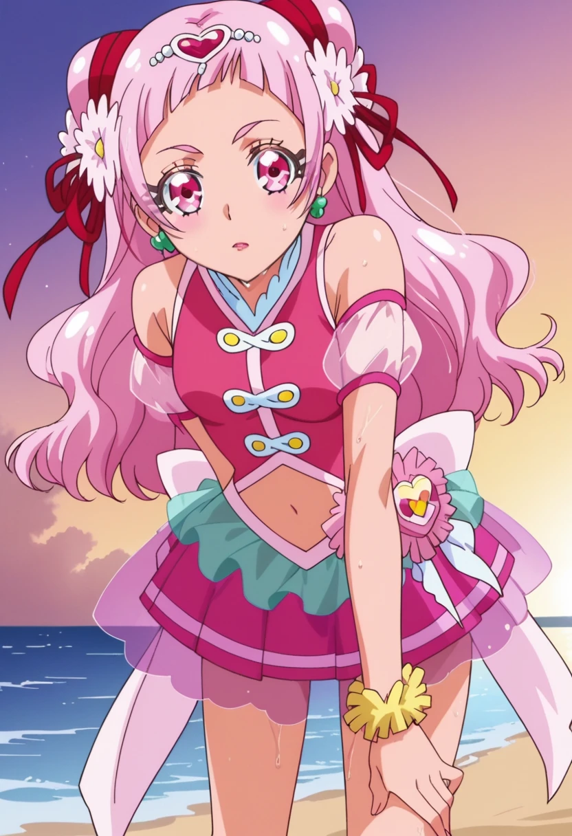 anime, (high quality, detailed, beautiful), shiny, detailed beautiful eyes, outstanding, countershading, detailed soft lighting, an exquisite animation illustration, score_9, score_8_up, score_7_up, source_anime, anime screencap, anime coloring, sidelighting, shiny luminous, 1girl, solo, solo focus, cure yell, small breasts, flat busts, shiny skin, wet skin, very sweaty, very wet skin, steaming body, skirt up, bent over, ass, pink sports shorty, looking at viewer, looking through own legs, sky, cowboy shot, outdoors, beach side, sunset, evening, Expressiveh, confused, attractive poses