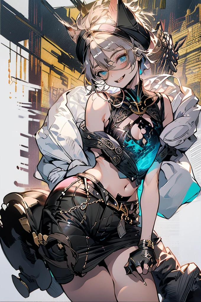 (masterpiece, very high quality, perfect anatomy, erotic, sexy) medieval world, 1 man, young, slender, small, thick thighs short silver hair, bangs, sea green eyes (black pirate hat, black vest, short leather shorts ,) belly exposed, on a pirate ship slutty smile, flushed face, excited expression