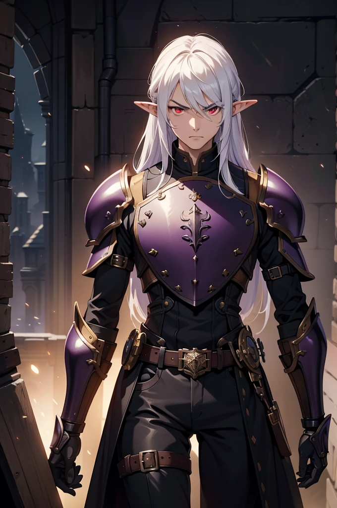 masterpiece, best quality, 8k, ultra high res, dark theme, 1boy, young man, (dungeonpunk armor), (mechanical steampunk armor), (wearing armor), fantasy illustration, dark skinned, human, upper body, portrait, red eyes, perfect eyes, long white hair, half-drow, pointy ears, serious face, young man, dramatic lighting, purple hue, art by Kinema Citrus