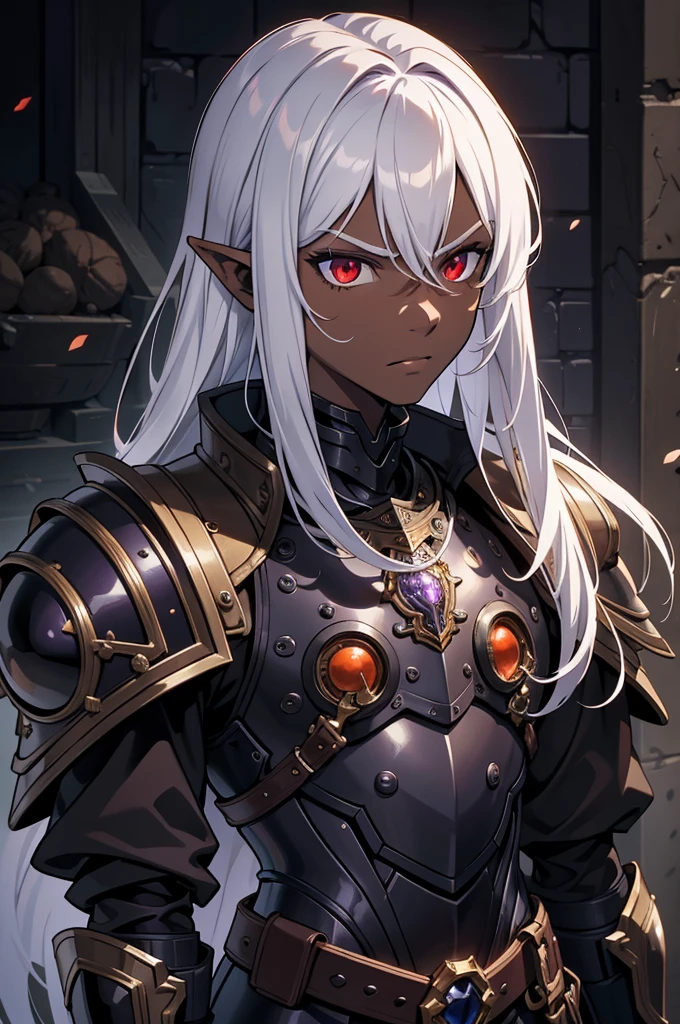 masterpiece, best quality, 8k, ultra high res, dark theme, 1boy, young man, (dungeonpunk armor), (mechanical steampunk armor), (wearing armor), fantasy illustration, dark skinned, human, upper body, portrait, red eyes, perfect eyes, long white hair, half-drow, pointy ears, serious face, young man, dramatic lighting, purple hue, art by Kinema Citrus