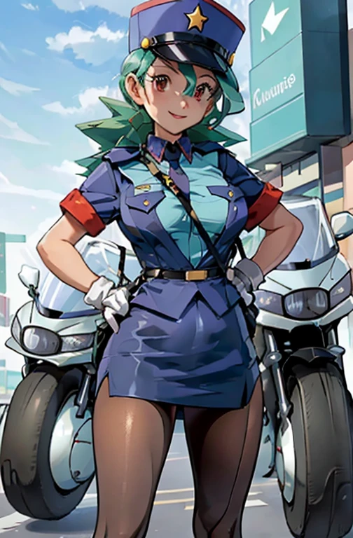 (masterpiece, best quality:1.2) officer jenny, pokemon, 1girl, solo, long hair, breasts, looking at viewer, smile, red eyes, green hair, huge breasts, green hair, white gloves, police hat, miniskirt, bag, star (symbol), uniform, blue skirt, hand on hip, blue shirt, pencil skirt, brown pantyhose, motor vehicle, ground, vehicle, police uniform, simple background, skirt suit, (((three-piece suit))), (((necktie))), blazer, (((suit jacket))), (((waistcoat))), double-breasted waistcoat, bodycon miniskirt, pencil skirt,