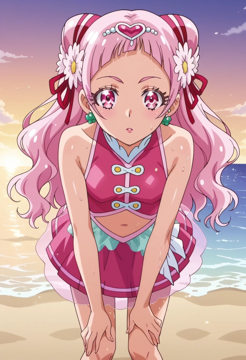 anime, (high quality, detailed, beautiful), shiny, detailed beautiful eyes, outstanding, countershading, detailed soft lighting, an exquisite animation illustration, score_9, score_8_up, score_7_up, source_anime, anime screencap, anime coloring, sidelighting, shiny luminous, 1girl, solo, solo focus, cure yell, small breasts, flat busts, shiny skin, wet skin, very sweaty, very wet skin, steaming body, skirt up, bent over, ass, pink sports shorty, looking at viewer, looking through own legs, sky, cowboy shot, outdoors, beach side, sunset, evening, Expressiveh, confused, attractive poses