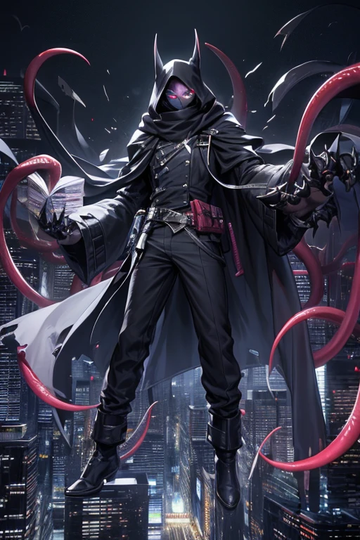 ((best quality)), ((masterpiece)), (detailed), 1 boy, full body, 23 years old, young adult, black scarf, bandage covering his mouth, eyes that glow white, 1 scratch on his right eye, pointy hood, completely black skin, disheveled hair, torn black coat that covers everything, baggy sleeves, tall, thin, torn sleeves, white marks on his coat in a zig zag pattern, black fingers, black wristbands with white circles, black tentacles coming out of his coat, warlock, brooch with an eye symbol on his coat, claws, black baggy pants, black boots, floating through the city, floating books, night city background, anime