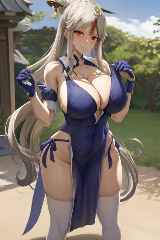 masterpiece, best quality, beautiful art, high resolution, well formed hands, body and fingers, 1 woman, solo, Ningguang, hair ornament, adult, grown up, big breasted, cleavage, full body, braided long hair, blue_kunoichi_dress, wearing DOA Kasumi's blue kunoichi dress, sleeveless, white stockings, gorgeous legs and thighs, doing exercise, warming up, working out, sexy and captivating training, smiling joyfully and happily , lifted up skirt, sweating , bouncing breasts, t back thong, training montage session, beach environment