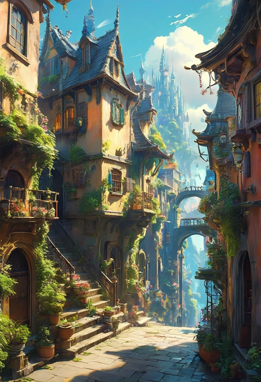 A beautiful jaw dropping city that is mash up of fairy tale and scifi. Has the feel of a fairy tale but with scifi details seemlessly blended in. Style of Studio Ghibli