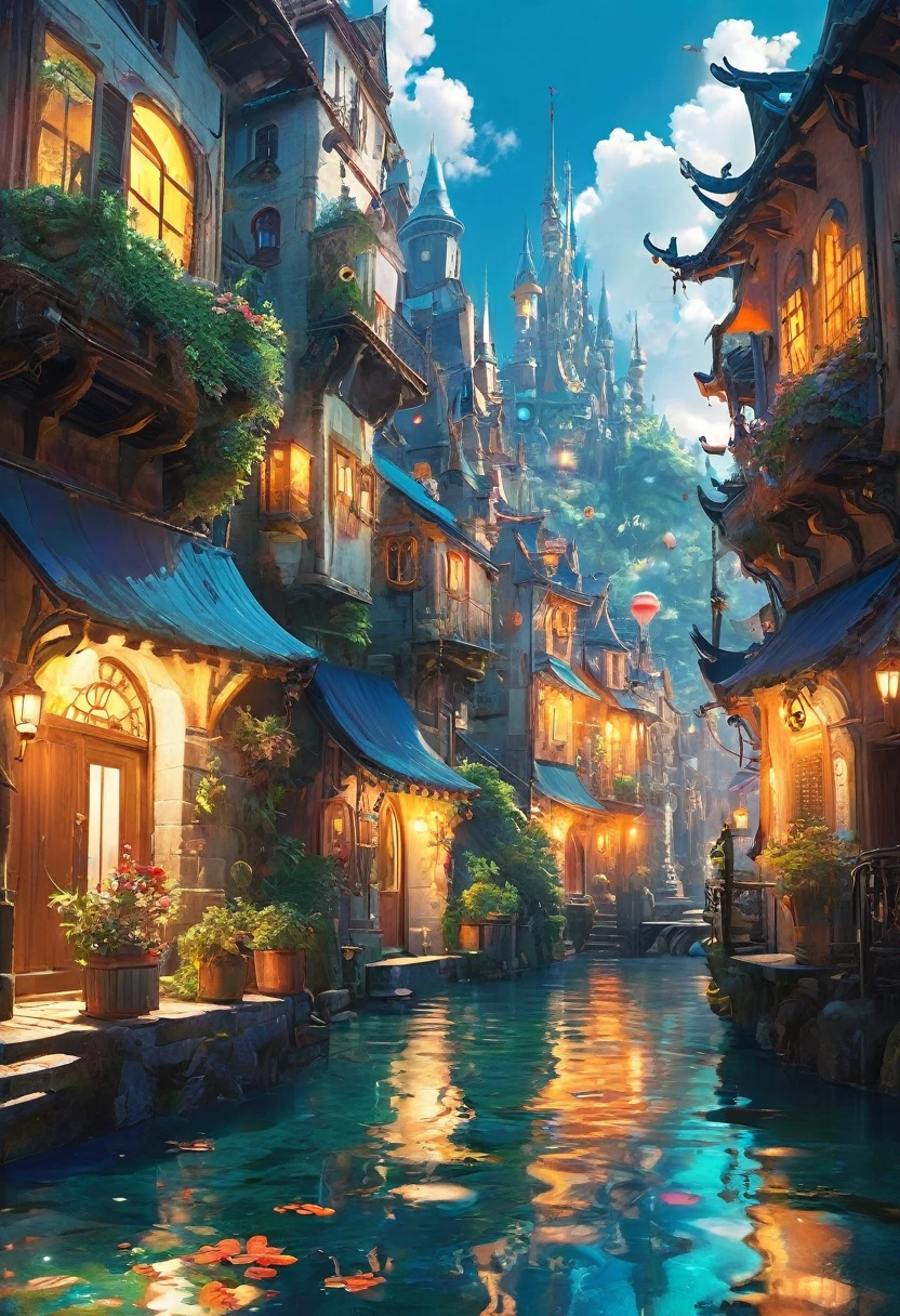 A beautiful jaw dropping city that is mash up of fairy tale and scifi. Has the feel of a fairy tale but with scifi details seemlessly blended in. Style of Studio Ghibli
