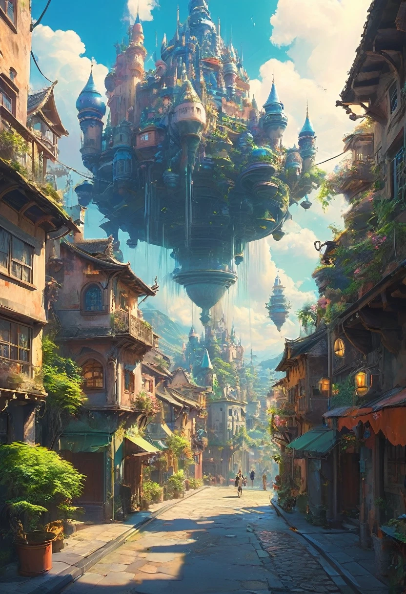 A beautiful jaw dropping city that is mash up of fairy tale and scifi. Has the feel of a fairy tale but with scifi details seemlessly blended in. Style of Studio Ghibli