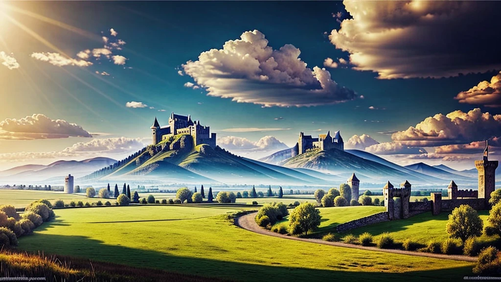 work of art, ultra detaild, medieval fantasy, plains, castle in the background, mountains on the horizon, Sunnyday, clouds