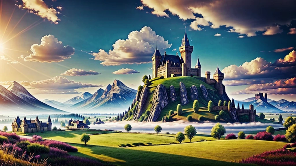 work of art, ultra detaild, medieval fantasy, plains, castle in the background, mountains on the horizon, Sunnyday, clouds