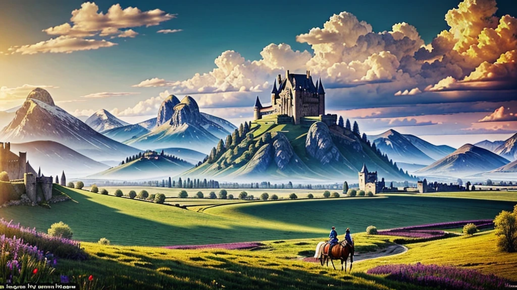 work of art, ultra detaild, medieval fantasy, plains, castle in the background, mountains on the horizon, Sunnyday, clouds