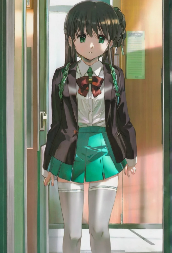 vibrant colors, female, masterpiece, sharp focus, best quality, depth of field, cinematic lighting, a girl in  and skirt carrying a briefcase, standing at doorway, looking toward window, 1girl, thighhighs, skirt, solo, long hair, classroom, Hatsune Miku, indoors, , looking at viewer, mole under eye, zettai ryouiki, pleated skirt, black thighhighs, green eyes, bow, bowtie, shirt, braid, skindentation, white shirt, jacket, mole, long sleeves, window, bangs,