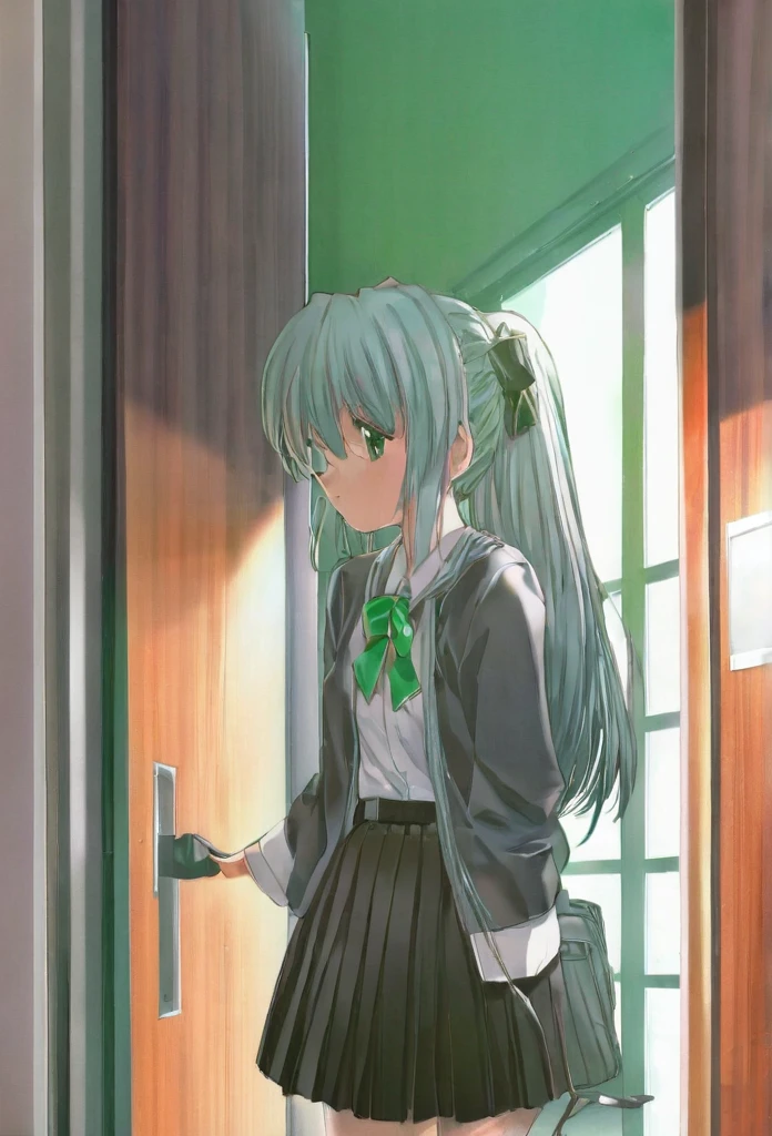 vibrant colors, female, masterpiece, sharp focus, best quality, depth of field, cinematic lighting, a girl in and skirt carrying a briefcase, standing at doorway, looking toward window, 1girl, thighhighs, skirt, solo, long hair, classroom, Hatsune Miku, indoors, , looking at viewer, mole under eye, zettai ryouiki, pleated skirt, black thighhighs, green eyes, bow, bowtie, shirt, braid, skindentation, white shirt, jacket, mole, long sleeves, window, bangs,