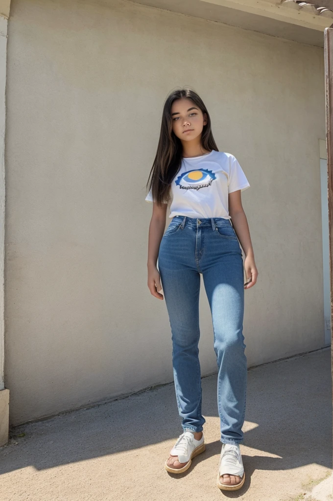 A , facing forward, wearing jeans and tshirt, with the sun shining down on her head, casting a small shadow under her feet. The scene is set at high noon, with bright sunlight and a clear blue sky.