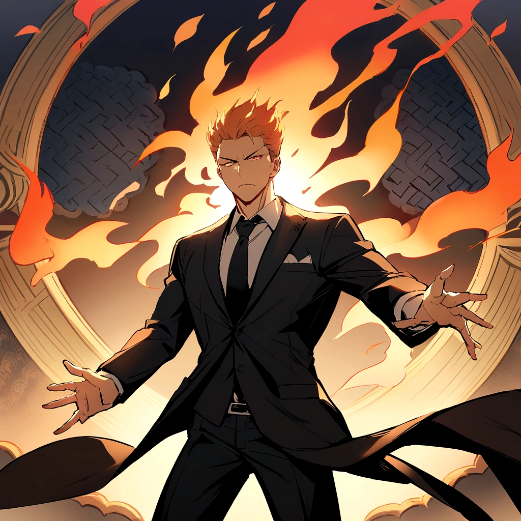 (best quality), oriental detailed background, one man wearing a black suit has flame power