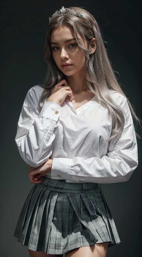 1girl, (masterpiece:1.1), (best quality:1.1), (white blouse:1.1), (checkered skirt:1.1), , high-waist skirt, BREAK [blue:pink:0.5] theme, (gradient background:1.1), cowboy shot, BREAK silver hair, long hair, , green eyes, intricate detailed tiara, looking to the side,