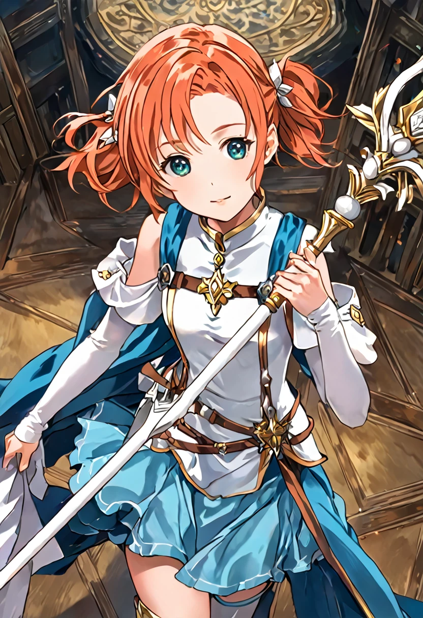 artwork, best quality, 2d anime style, White girl, short length hair, twin tails, light orange redhead, blush cheeks, turquoise eyes, long white dress with light blue details, silver details, sleeveless, elbow gloves, light blue scarf, waist belt, docile expression, medieval theme, RPG, fundo do castelo, sky appearing, holding a white scepter with blue details. fully body, conceptual artwork, Brown boots
