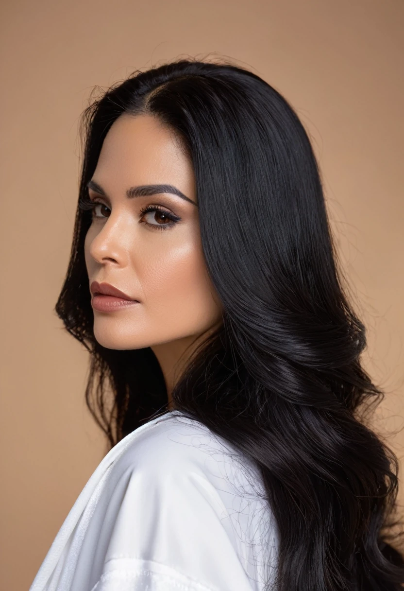 a close-up of a woman with long black hair wearing a white robe, profile image, profile image, powder Nándor Katona, uploaded, 30 year old woman, 30 year old woman, professional profile imageture, looks like fabiula natal, inspired by Maria Helena Vieira da Silva, 30-year-old woman from cuba