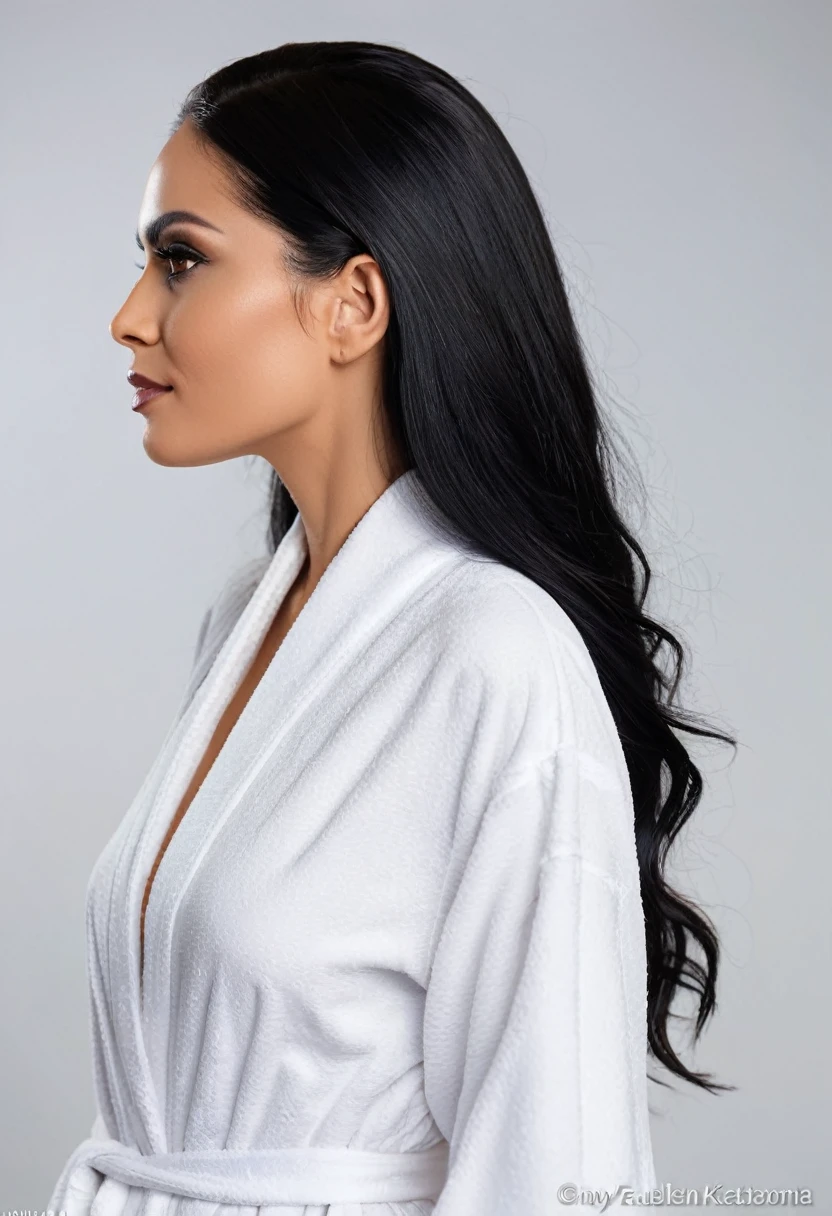 a close-up of a woman with long black hair wearing a white robe, profile image, profile image, powder Nándor Katona, uploaded, 30 year old woman, 30 year old woman, professional profile imageture, looks like fabiula natal, inspired by Maria Helena Vieira da Silva, 30-year-old woman from cuba