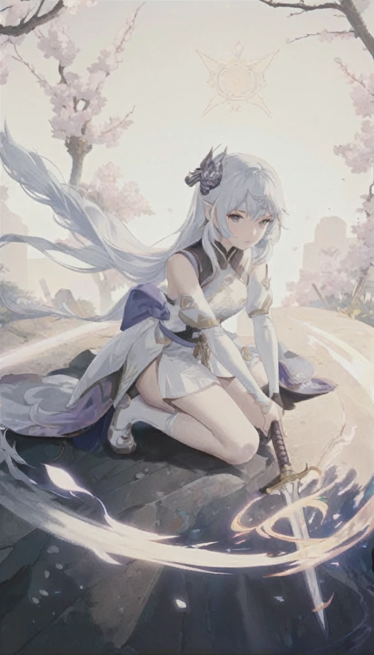 anime girl sitting on a rock with a sword in her hand, white haired deity, guweiz, artwork in the style of guweiz, guweiz on artstation pixiv, clean detailed anime art, guweiz on pixiv artstation, beautiful anime artwork, keqing from genshin impact, anime goddess, beautiful fantasy anime, anime fantasy artwork