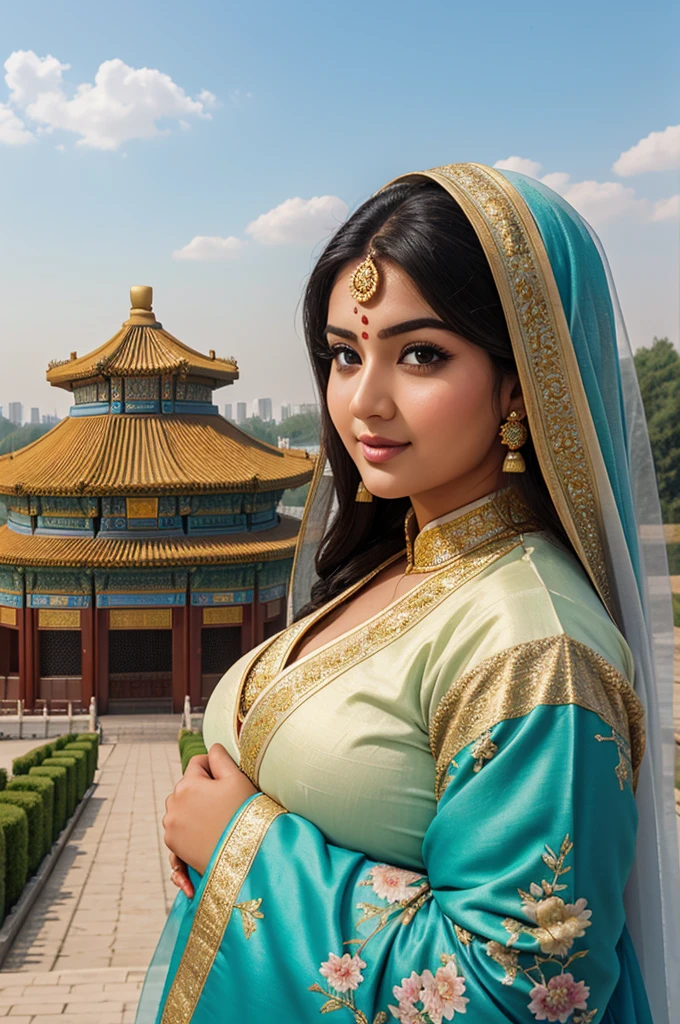 1 Heavenly beautiful and goddess beauty cute and sweet looking face Arabian female in front of Temple of Heaven, China, Heavenly beautiful Overweight, Heavenly beautiful Extremely fat, Heavenly beautiful and attractive Chubby figure , Heavenly beautiful looking and eye catching luxury style Ajrakh Sarees , reaching out, Heavenly beautiful Arabian woman, 16k, High resolution, masterpiece, highest quality, fine skin, outside view, Realistic Photograph, close up face view