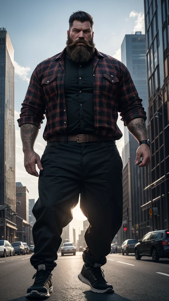 "A giant with a lumberjack beard, imposing in a cool, laid-back style is wearing black pants and a checkered country shirt. His toned, athletic body suggests his enormous strength. He appears to be casually strolling through the busy cityscape of GTS City, like buildings Smoke and clouds billow around her, adding to the sense of epic and dramatic scale. The lighting is dark, shadowy and realistic, creating a tense and ominous atmosphere.