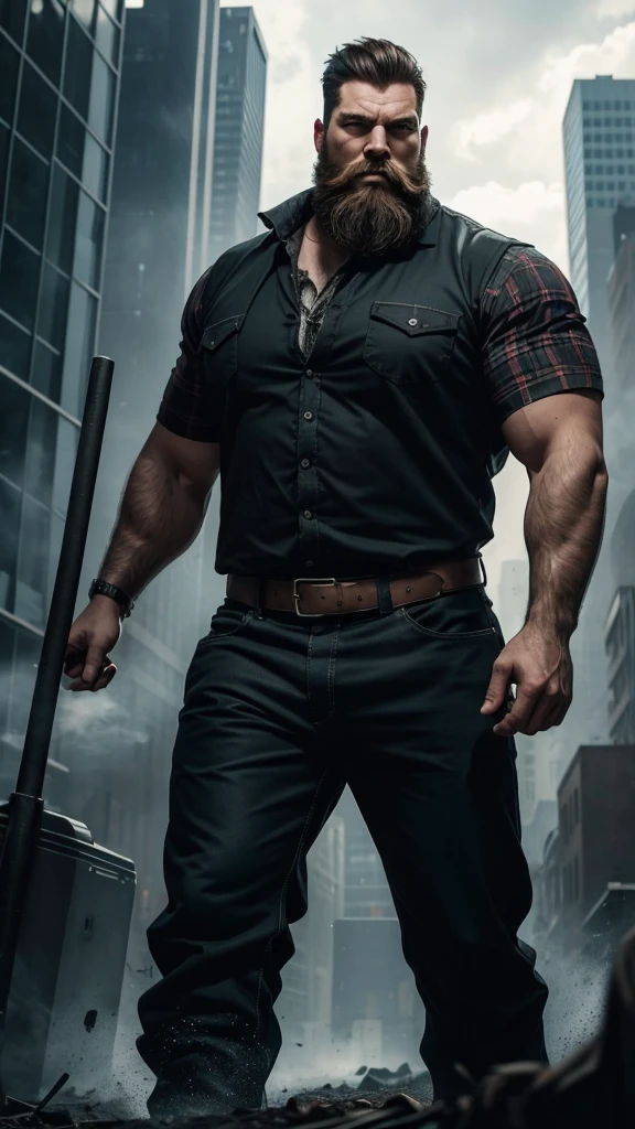 "A giant with a lumberjack beard, imposing in a cool, laid-back style is wearing black pants and a checkered country shirt. His toned, athletic body suggests his enormous strength. He appears to be casually strolling through the busy cityscape of GTS City, like buildings Smoke and clouds billow around her, adding to the sense of epic and dramatic scale. The lighting is dark, shadowy and realistic, creating a tense and ominous atmosphere.