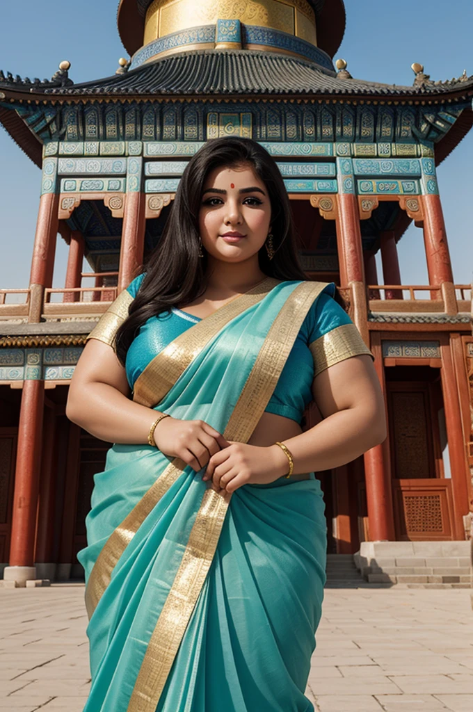 1 Heavenly beautiful and goddess beauty cute and sweet looking face Arabian female in front of Temple of Heaven, China, Heavenly beautiful Overweight, Heavenly beautiful Extremely fat, Heavenly beautiful and attractive Chubby figure , Heavenly beautiful looking and eye catching luxury style Ajrakh Sarees , reaching out, Heavenly beautiful Arabian woman, 16k, High resolution, masterpiece, highest quality, fine skin, outside view, Realistic Photograph, close up face view