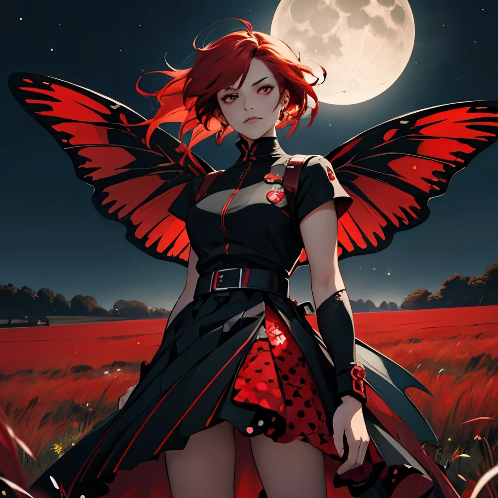 a woman with Red neon hair with bright red polka dots, red and black butterfly outfit, serious face, bright red eyes, in the background a field with the dark sky and the moon, red butterfly wings, lots of details, perfect shadows, high rotations