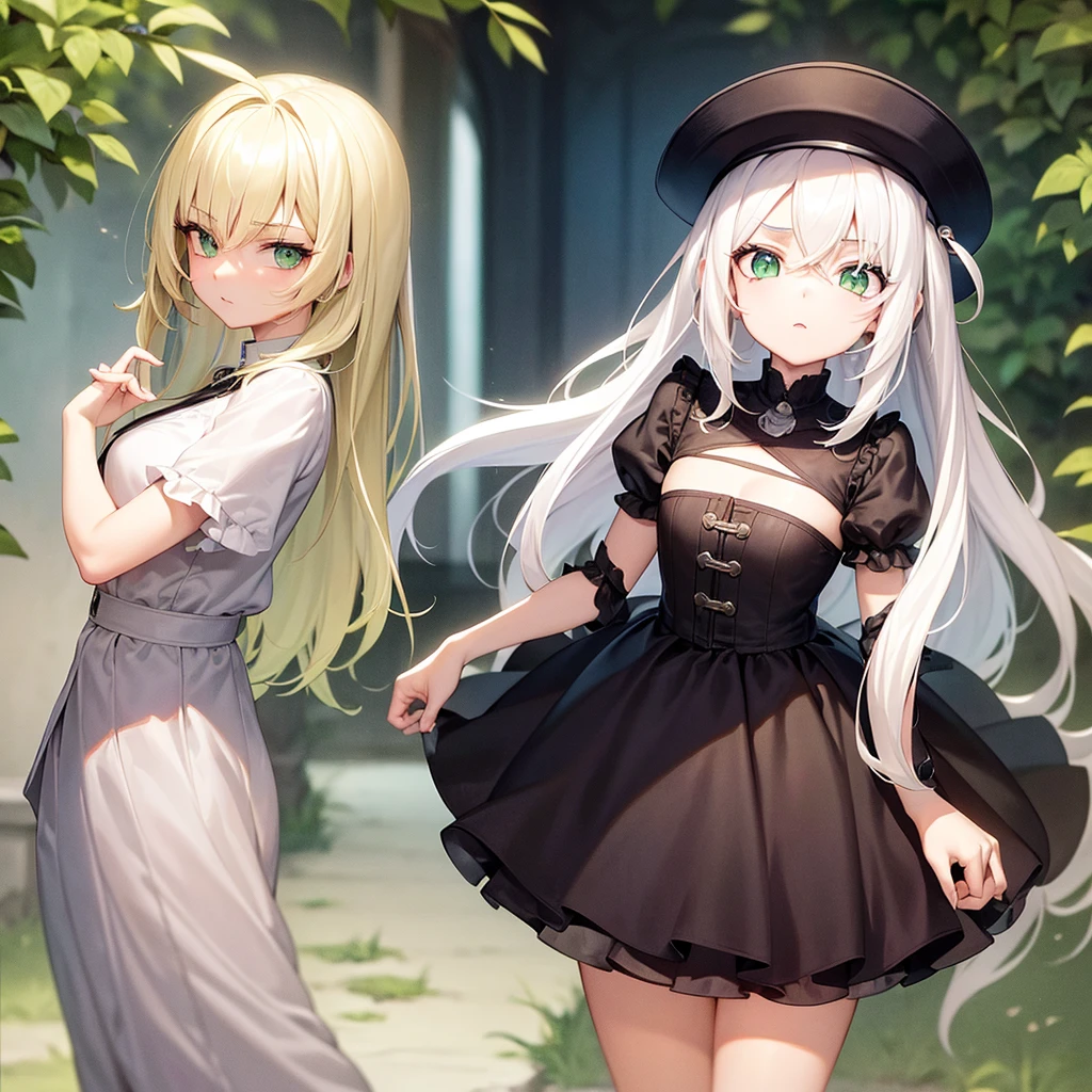 Traduzir textos com a câmera
A beautiful and cute girl, young and short, with long white hair, green eyes, scared, 20th century outfit