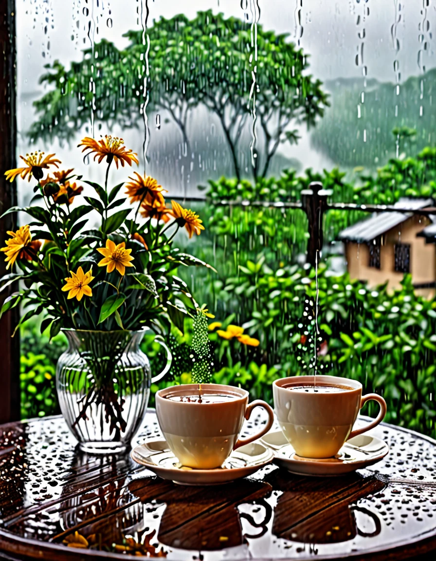 tea and coffee, rainy, background window with rainy cloud. flower on the table