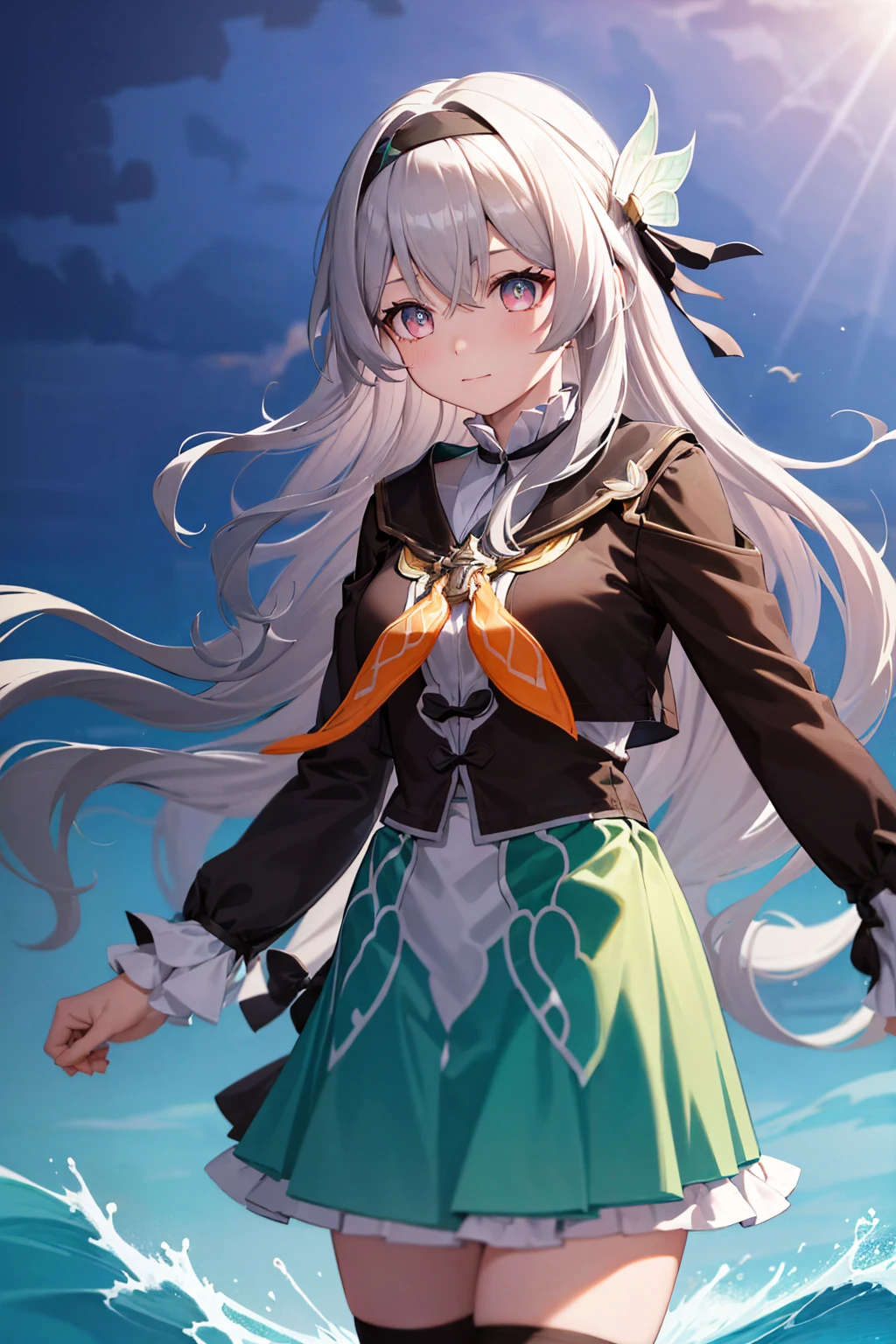 There was a girl coming out of the sea, 1girl,liuying,grey hair,bangs,long sleeves,hair ornament,black jacket,black hairband,high quality,green dress,thighhighs,skirt, half smile, A gentle expression on his face, Background seascape and sunlight, Seagulls in the sky, full length,  photorealism