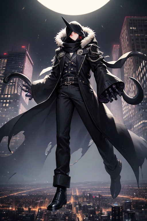 ((best quality)), ((masterpiece)), (detailed), 1 boy, full body, 23 years old, young adult, black scarf, bandage covering his mouth, eyes that glow white, 1 scratch on his right eye, pointy hood, completely black skin, disheveled hair, torn black coat that covers everything, baggy sleeves, tall, thin, torn sleeves, white marks on his coat in a zig zag pattern, black fingers, black wristbands with white circles, black tentacles coming out of his coat, warlock, brooch with an eye symbol on his coat, claws, black baggy pants, black boots, floating through the city, floating books, night city background, anime