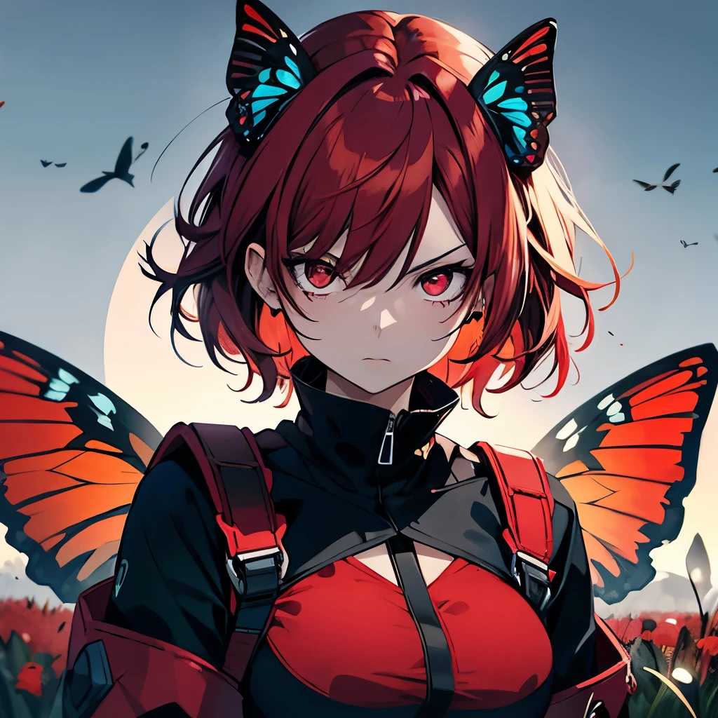 a woman with Red neon hair with bright red polka dots, red and black butterfly outfit, serious face, bright red eyes, in the background a field with the dark sky and the moon, red butterfly wings, lots of details, perfect shadows, high rotations