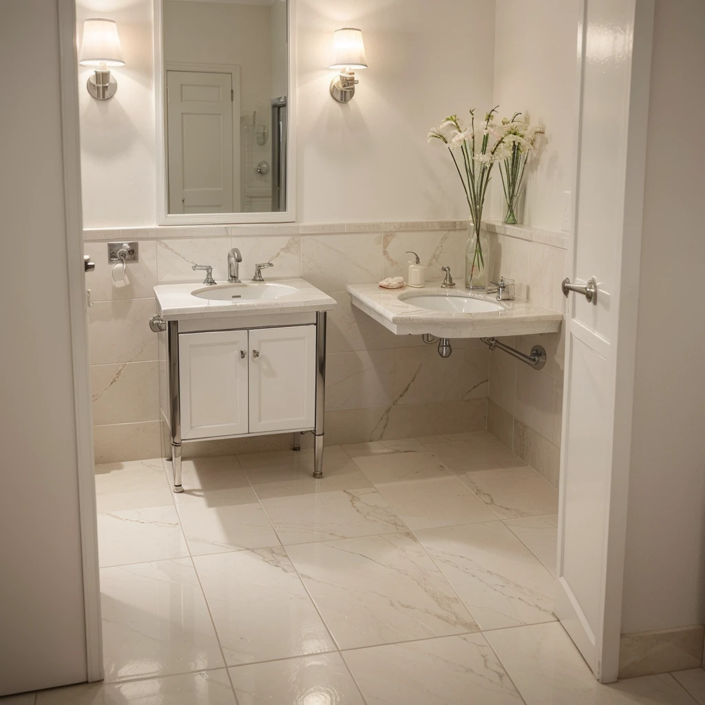 3d rendering. Beautiful luxury modern neo classical style of corner hotel bathroom with glossy floors, rectangle mirror and white marble modern style washbasin credenza.