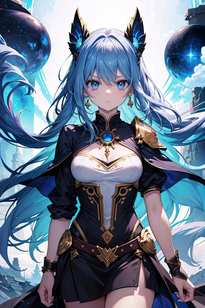 General description: "Draw a 17 year old girl named Riven Starwind in anime style, showing her from the waist up. She must have an enigmatic and powerful appearance, with characteristics that reflect its complex and interdimensional nature." body hair: "Riven has long black hair, with shiny locks that reflect the colors of the cosmos, especially heavenly blue. Your hair should have a fluid movement, highlighting its mystical aspect." eyeballs: "Your eyes are uneven: one celestial blue eye that symbolizes your connection with benevolent entities and the other fiery red, representing your inner strength and power." Apparel & Accessories: "She wears flowing, predominantly black outfits., with celestial blue and fiery red details. Light armor is silver with gold ornaments, decorated with mystical symbols and ancient runes that glow faintly. Include a necklace with a small gold and silver orb, symbolizing its link with the Orb of Worlds." Pose and Expression: "Draw her in a pose that conveys confidence and determination. Her expression should reflect her anti-heroine nature, with a look that suggests both compassion and caution." Paleta de cores: cosmic black: For clothes and hair. azul celestial: For eye details, hair highlights and accessories. fiery red: To the other eye. mystic silver: For armor and ornaments. doradas: For accessories and ornaments. context: "Capture the essence of your story, where she was guided by a mysterious light to the Lost Temple of Nyxoria and connected with the Orb of Worlds, gaining interdimensional abilities." Use these guidelines to create a detailed and captivating image of Riven Starwind in anime style, capturing your unique, multifaceted essence from the waist up.