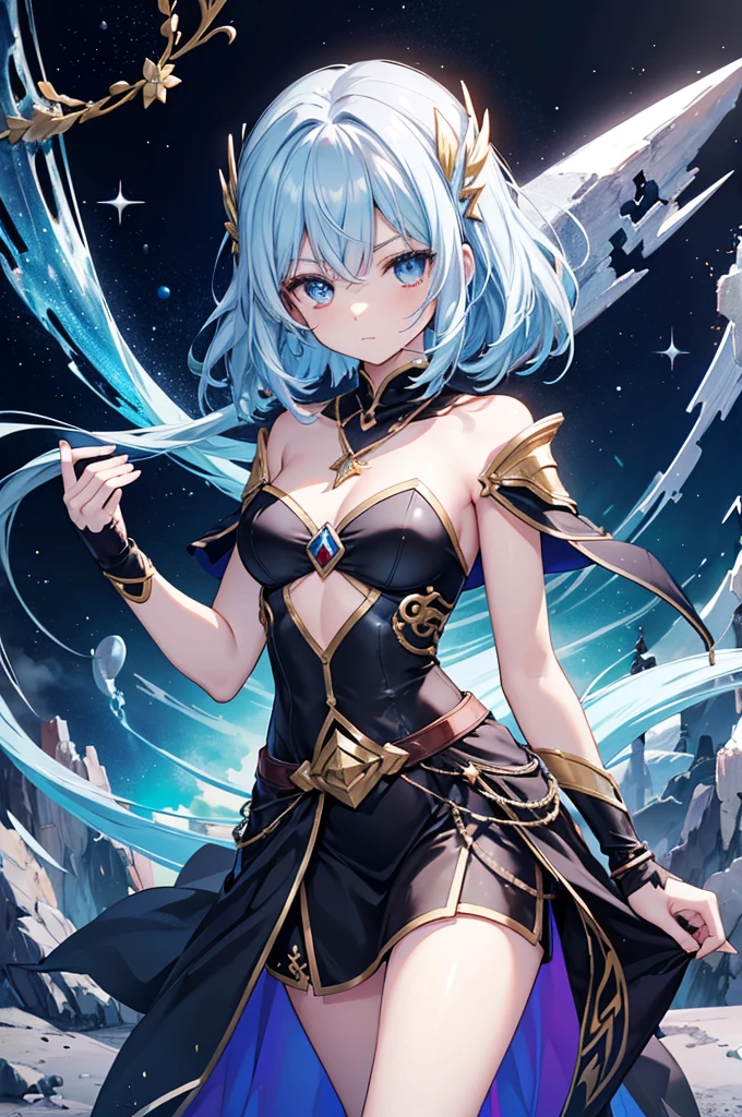 General description: "Draw a 17 year old girl named Riven Starwind in anime style, showing her from the waist up. She must have an enigmatic and powerful appearance, with characteristics that reflect its complex and interdimensional nature." body hair: "Riven has long black hair, with shiny locks that reflect the colors of the cosmos, especially heavenly blue. Your hair should have a fluid movement, highlighting its mystical aspect." eyeballs: "Your eyes are uneven: one celestial blue eye that symbolizes your connection with benevolent entities and the other fiery red, representing your inner strength and power." Apparel & Accessories: "She wears flowing, predominantly black outfits., with celestial blue and fiery red details. Light armor is silver with gold ornaments, decorated with mystical symbols and ancient runes that glow faintly. Include a necklace with a small gold and silver orb, symbolizing its link with the Orb of Worlds." Pose and Expression: "Draw her in a pose that conveys confidence and determination. Her expression should reflect her anti-heroine nature, with a look that suggests both compassion and caution." Paleta de cores: cosmic black: For clothes and hair. azul celestial: For eye details, hair highlights and accessories. fiery red: To the other eye. mystic silver: For armor and ornaments. doradas: For accessories and ornaments. context: "Capture the essence of your story, where she was guided by a mysterious light to the Lost Temple of Nyxoria and connected with the Orb of Worlds, gaining interdimensional abilities." Use these guidelines to create a detailed and captivating image of Riven Starwind in anime style, capturing your unique, multifaceted essence from the waist up.