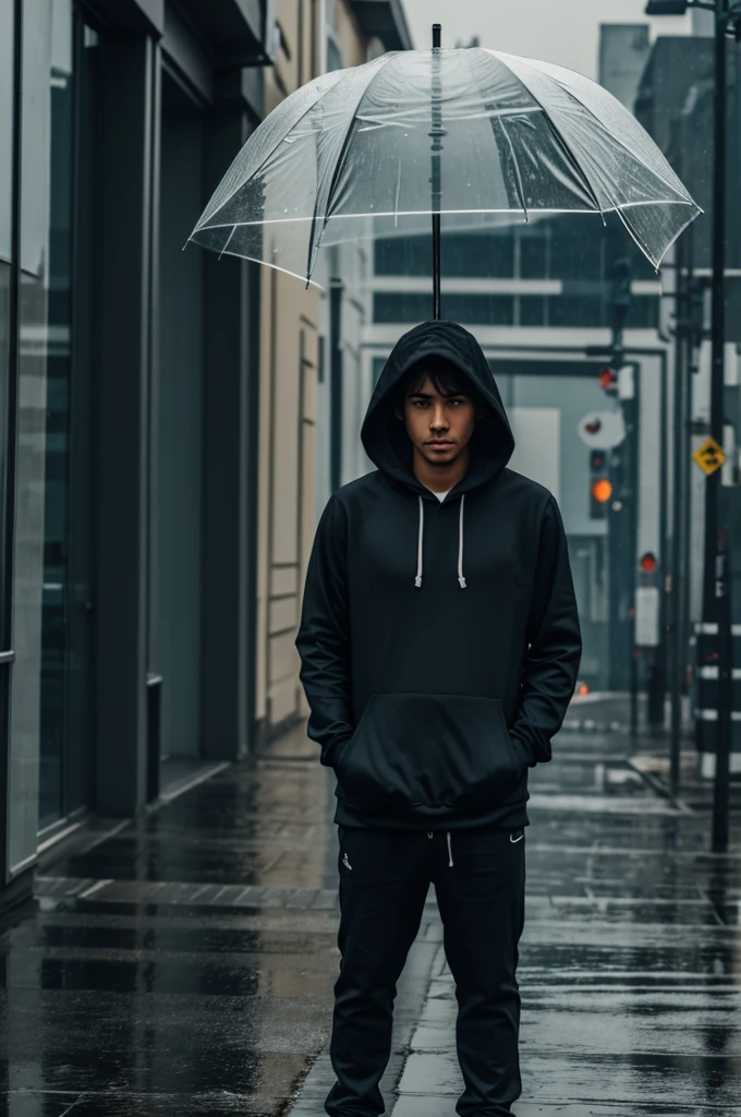 Lonely guy with hoodie in a rainy day