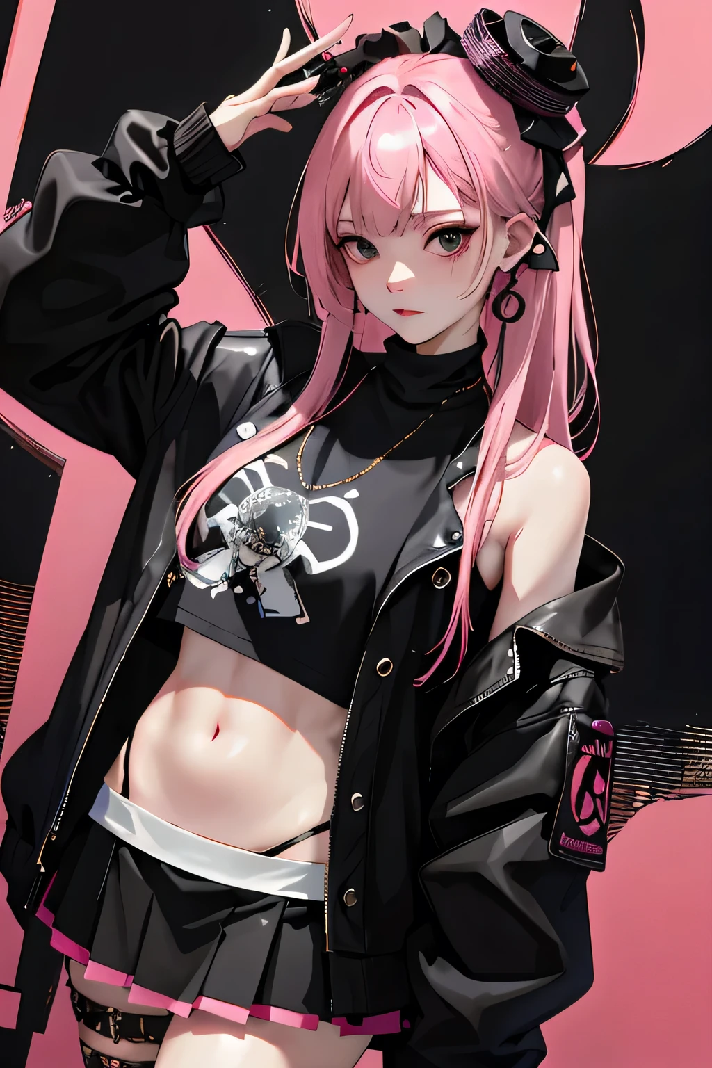 (masuter piece:1.2、top-quality)、(Live action、Intricate details)、(1lady、solo、The upper part of the body、Colossal tits) garments: Edgy、Black jumper、Pink mini skirt、Avant-garde、Experimental appearance: Long pink hair、Dramatic makeup、Unconventional fashion choices behavior: rebel、Runaway Ladies Leader、secretary-general、Black jumper、Pink mini skirt、Anti-system、Provocative Location: urban art district、Underground Music Scene Hobbies: Bad girl、Create mixed media art、Experiment with different subcultures values: individuality、authenticity、Creative Expression Inspiration: Runaway Ladies Leader、secretary-general、Counterculture icons、Nature: boldness、Unconventional。