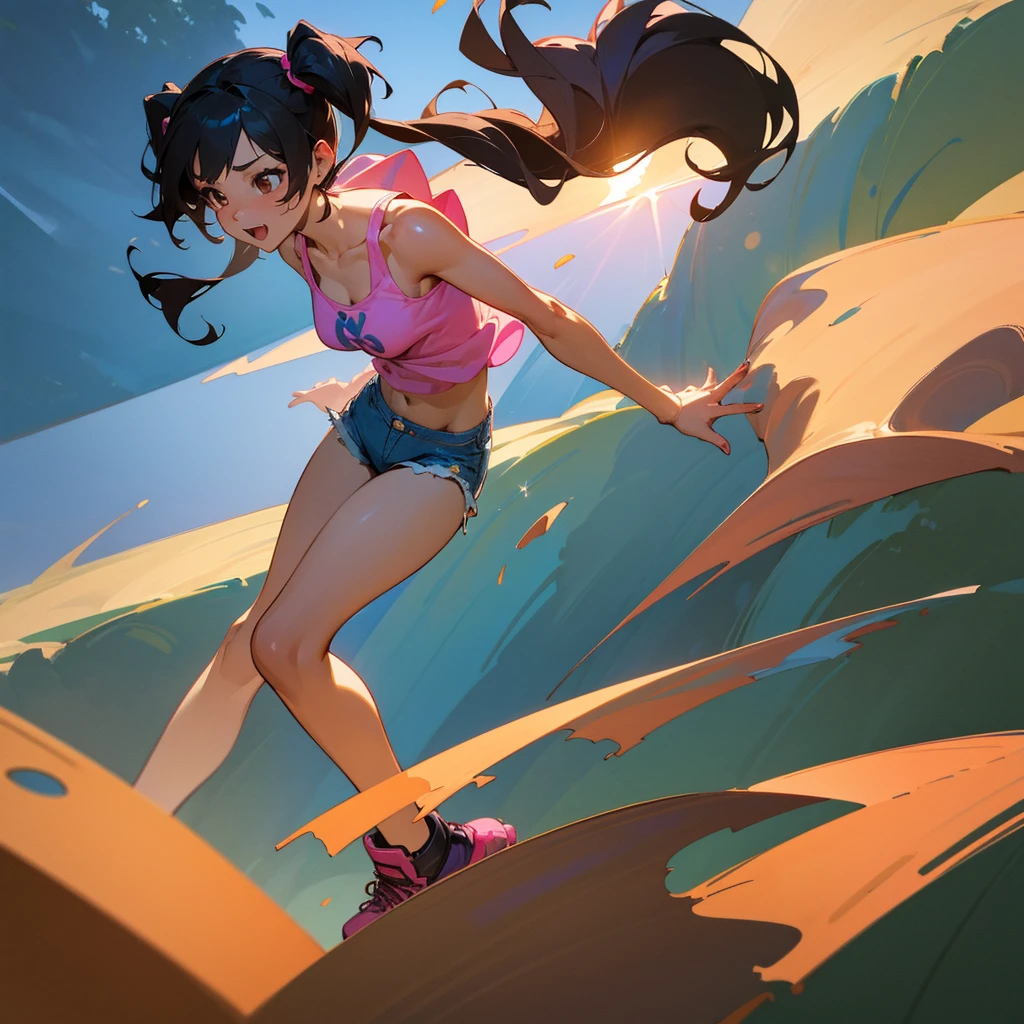 cheerful girl,Teen, light skin, brown eyes, medium breasts, pink tank top, revealing neckline, blue short shorts, forest background, , 1girl, masterpiece, high detail, full body, highly detailed, extremely detailed CG unity 8k wallpaper, ultra detailed, black hair, short twintails, sexy,(Masterpiece:1.3), (best quality:1.3), official art, 8k, intricate details, high details, high resolution,