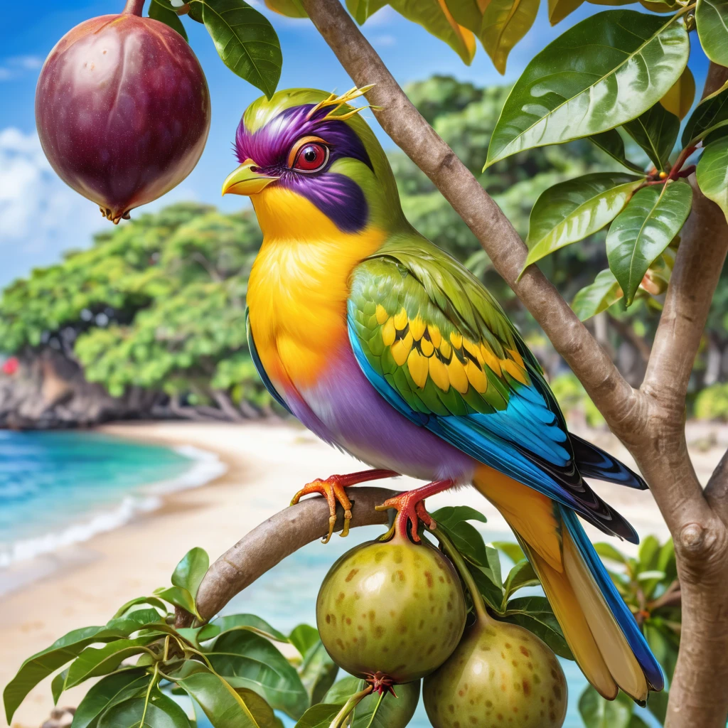 8k HDR High resolution Highest quality Photorealistic Beautiful depiction Fresh Colorful birds on a southern island Passion fruit tree Seaside background Focus on the bird Blurred background