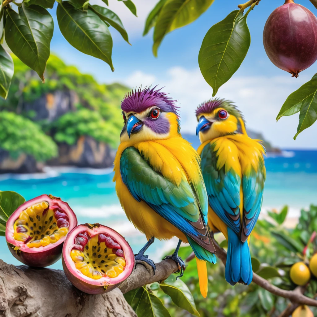 8k HDR High resolution Highest quality Photorealistic Beautiful depiction Fresh Colorful birds on a southern island Passion fruit tree Seaside background Focus on the bird Blurred background